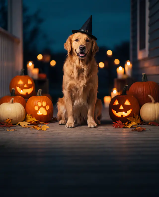 Golden retriever coiffé d’un chapeau de sorcière parmi des citrouilles illuminées